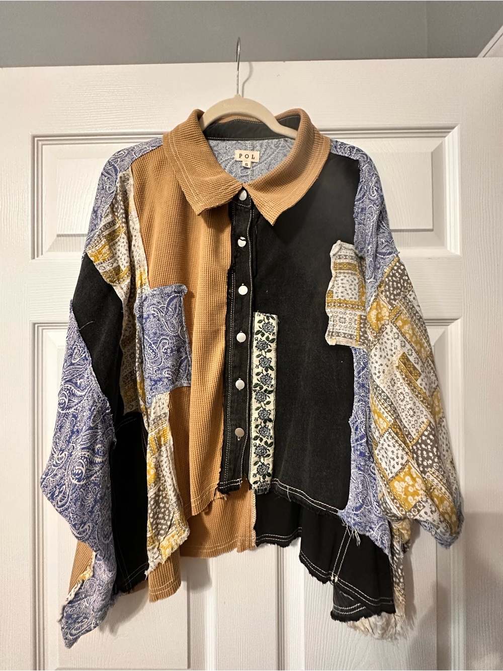 POL Patchwork Top in Black, Tan & Blue